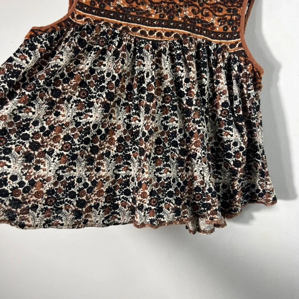 Free People Linen Blend Floral Tank Top Brown‎ Black S Back Cut Out Detail